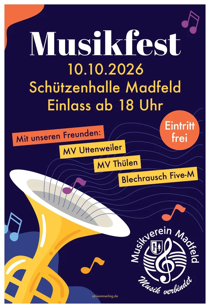 Plakat zum Musikfest des Musikvereins Madfeld am 10. Oktober 2026 in der Schützenhalle Madfeld, Einlass ab 18 Uhr, Eintritt frei, mit MV Uttenweiler, MV Thülen und Blechrausch Five-M